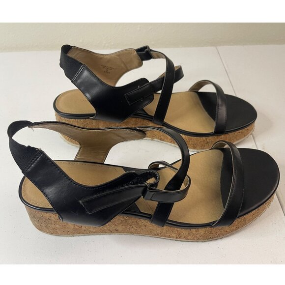 Adrienne Vittadini Black Leather Cork Wedge Sandals With Adjustable Straps Women - Picture 6 of 8